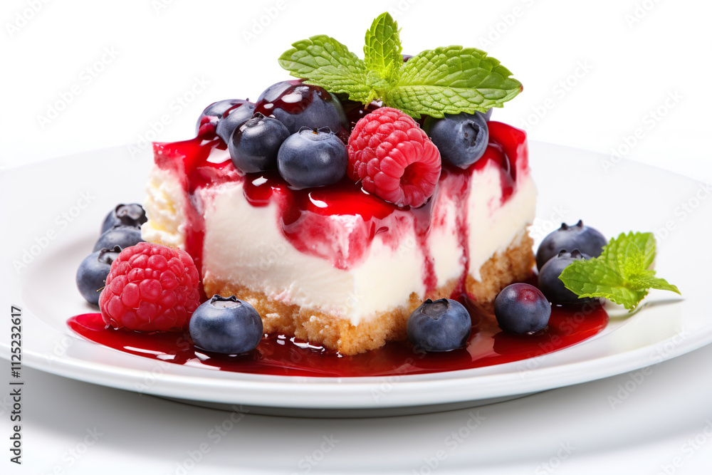 Cheesecake dessert with fruit berries isolated on clear white background Cheesecake dessert with fruit berries isolated on clear white background