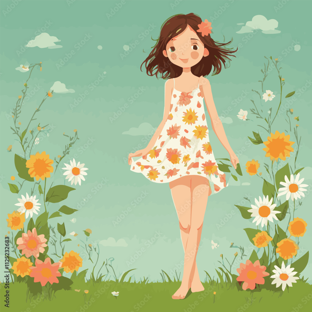 illustrations of a family in nature, girl in a landscape, a family with a cat in flowers and a city street with a skating rink and people. illustration of spring background. Vector illustration. illustrations of a family in nature, girl in a landscape, a family with a cat in flowers and a city street with a skating rink and people. illustration of spring background. Vector illustration.