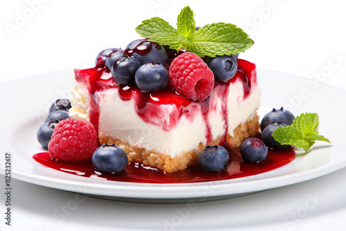 Cheesecake dessert with fruit berries isolated on clear white background