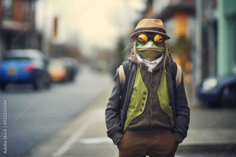 Hipster frog walking around the city on the street. Hipster frog walking around the city on the street.