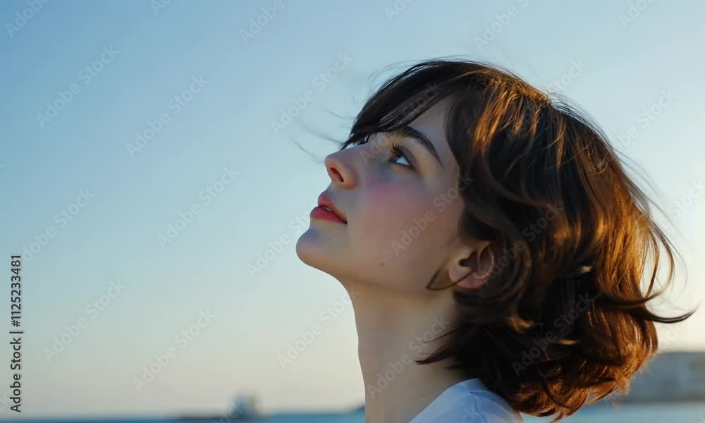 A profile of a woman looking up against a clear sky. A profile of a woman looking up against a clear sky.