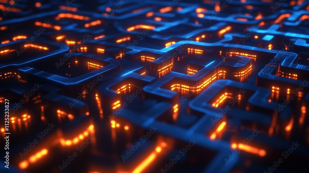 Fototapeta premium Glowing Data Streams Navigate Intricate Digital Pathways in an Abstract Labyrinth Design