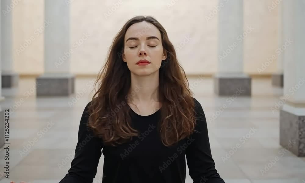 A woman meditating in a serene, minimalist space. A woman meditating in a serene, minimalist space.
