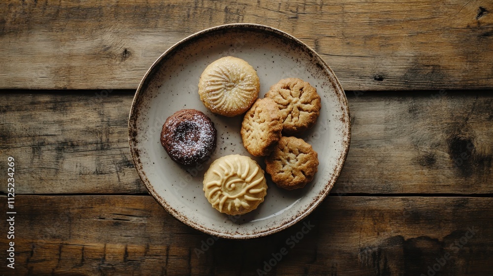 Assorted cookies arranged on a rustic plate Assorted cookies arranged on a rustic plate