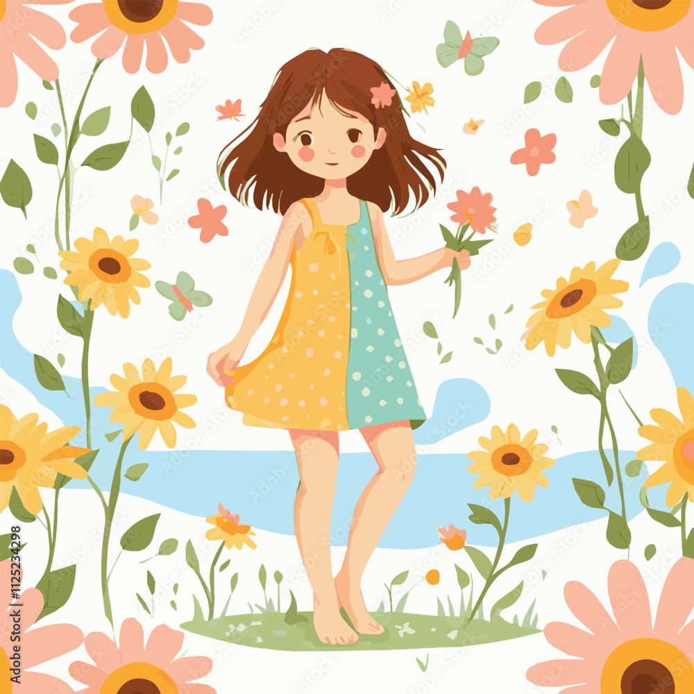 illustrations of a family in nature, girl in a landscape, a family with a cat in flowers and a city street with a skating rink and people. illustration of spring background. Vector illustration. illustrations of a family in nature, girl in a landscape, a family with a cat in flowers and a city street with a skating rink and people. illustration of spring background. Vector illustration.