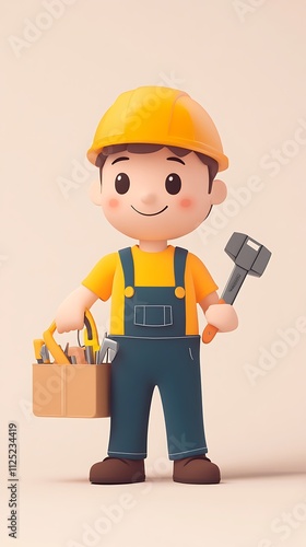 Cheerful Cartoon Worker Holding Tools and Bag