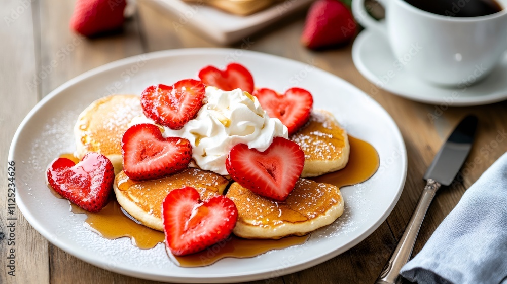 breakfast delight, heart-shaped pancakes topped with strawberries, whipped cream, and syrup, paired with hot coffee on a cozy table at sunrise breakfast delight, heart-shaped pancakes topped with strawberries, whipped cream, and syrup, paired with hot coffee on a cozy table at sunrise