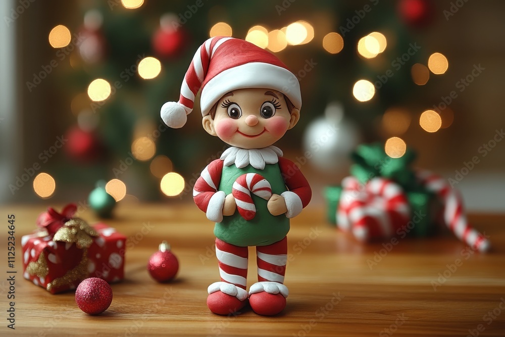 A cheerful Christmas elf figurine holding a candy cane, set against a festive background. A cheerful Christmas elf figurine holding a candy cane, set against a festive background.