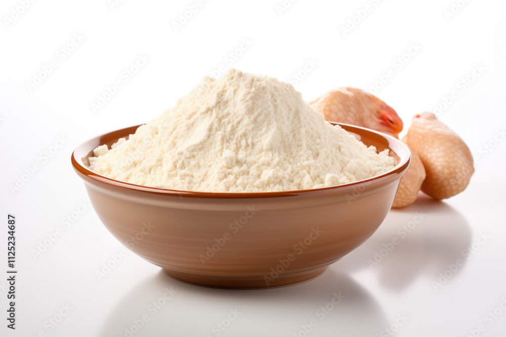 Chicken stock powder in white bowl isolated on clear white background Chicken stock powder in white bowl isolated on clear white background