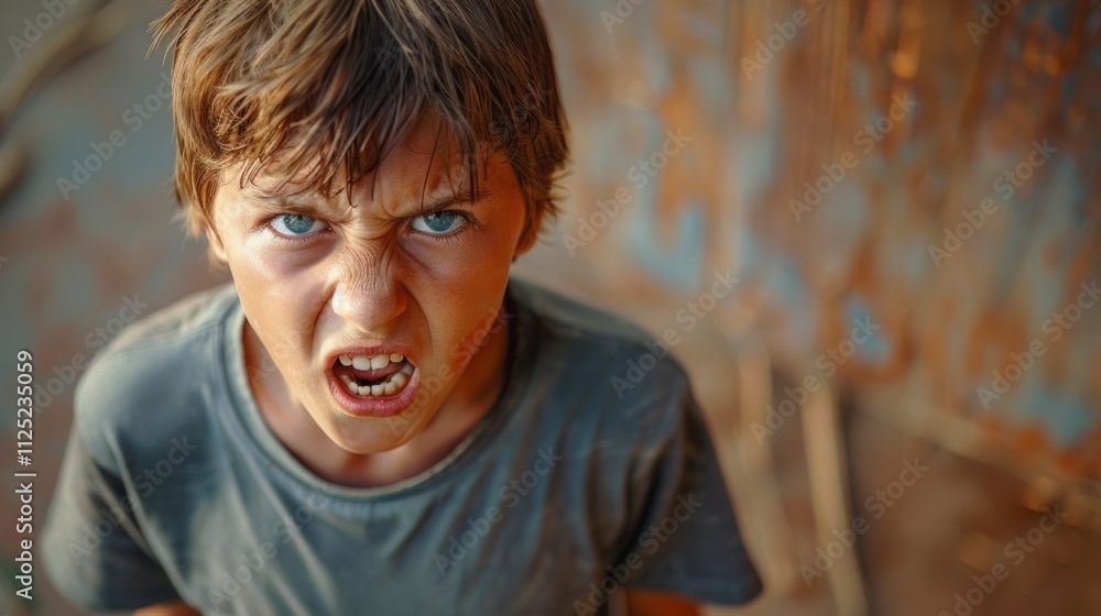 A brown-haired boy in a grey t-shirt stands before a rusted wall. His blue eyes and open mouth suggest anger or rebellion. Tense atmosphere with a wooden chair. A brown-haired boy in a grey t-shirt stands before a rusted wall. His blue eyes and open mouth suggest anger or rebellion. Tense atmosphere with a wooden chair.