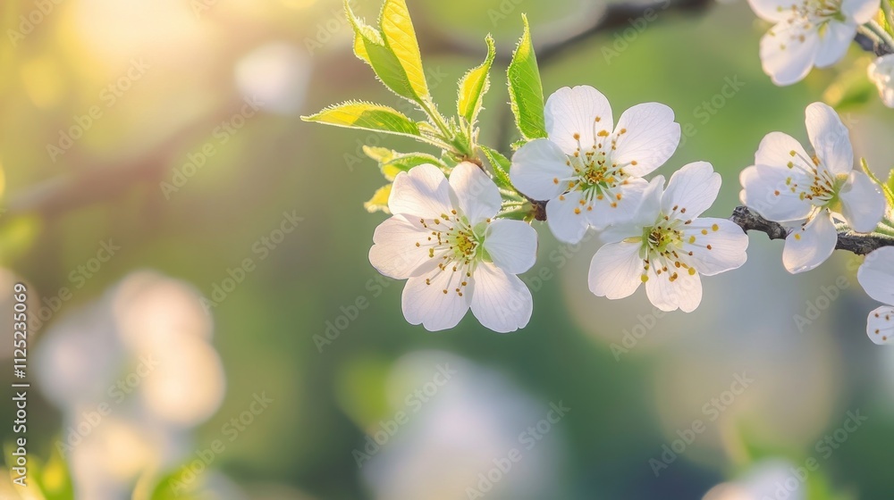 Delicate White Blossoms Blooming on Branch in Spring Sunlight Delicate White Blossoms Blooming on Branch in Spring Sunlight