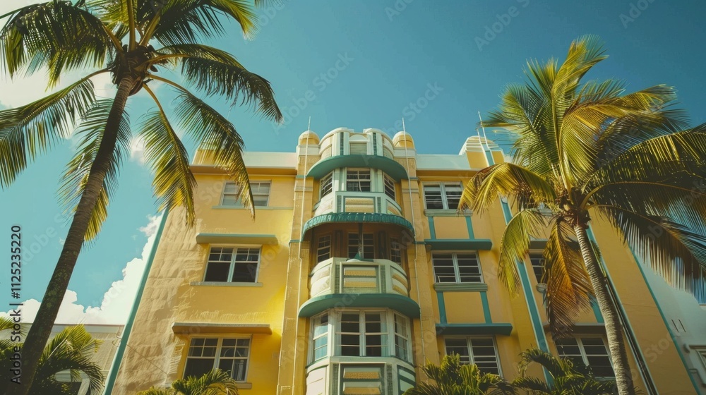 Obraz premium Art deco building with yellow and turquoise colors, palm trees, and unique windows. Vibrant tropical ambiance under a sunny sky.