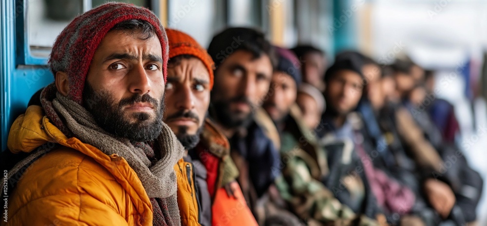 Refugees wait in line, showing expressions of hope and apprehension. Refugees wait in line, showing expressions of hope and apprehension.