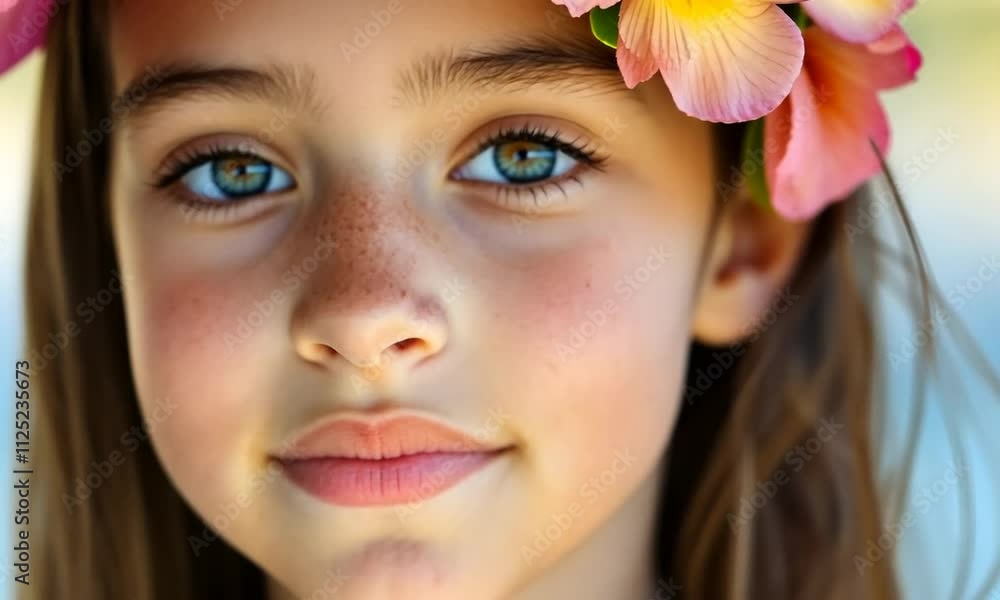 Close-up portrait of a girl with a flower in her hair. Close-up portrait of a girl with a flower in her hair.