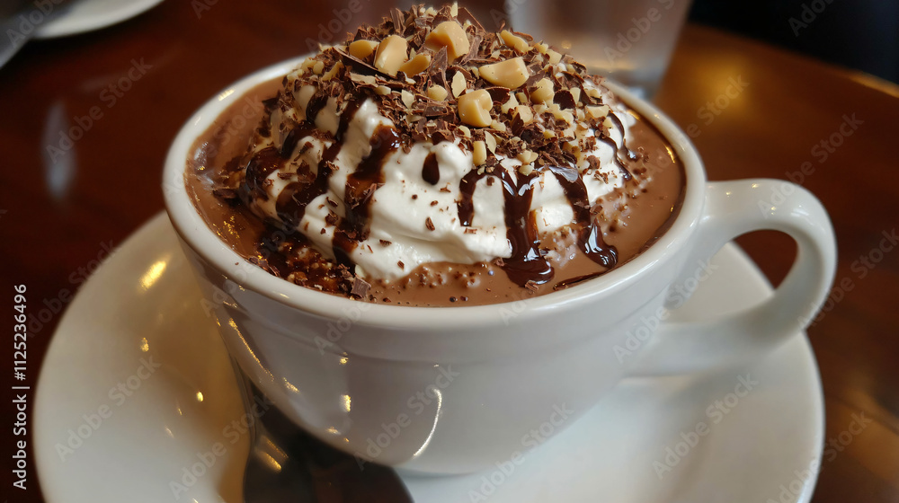 Hot chocolate served with a splash of hazelnut syrup and chocolate shavings. Hot chocolate served with a splash of hazelnut syrup and chocolate shavings.