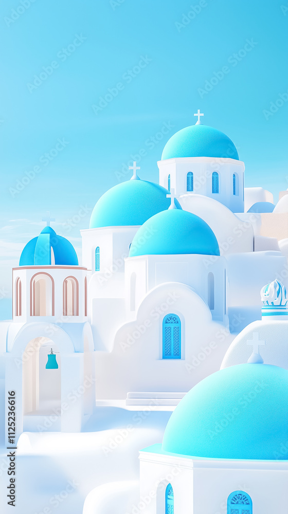 Fototapeta premium A couple strolls among the charming white buildings of Santorini, admiring the distinctive blue domes in warm sunlight