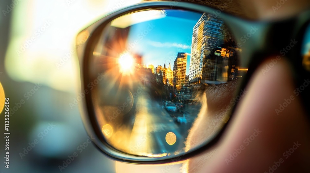 Sunset cityscape reflected in sunglasses. Sunset cityscape reflected in sunglasses.