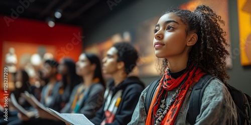 Young woman attentively listens during an art gallery tour, surrounded by a diverse group of people.