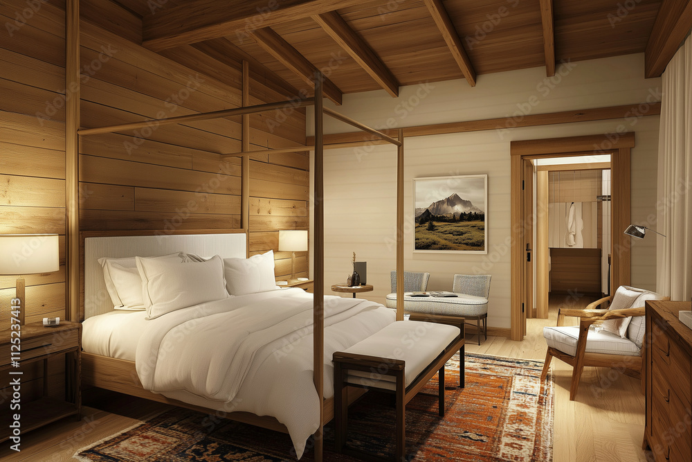 bedroom with a wooden headboard and a wooden bed frame. The bed is covered with white sheets and pillows. There is a large bedside table with a lamp on it. A chair is placed near the bed bedroom with a wooden headboard and a wooden bed frame. The bed is covered with white sheets and pillows. There is a large bedside table with a lamp on it. A chair is placed near the bed
