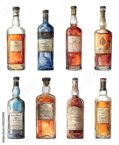 Liquor Bottles Set Modern Watercolor Technique Illustration On White Unique Artwork Creative Design Decorative Elements Artistic Visuals Modern Graphics Distinctive Art