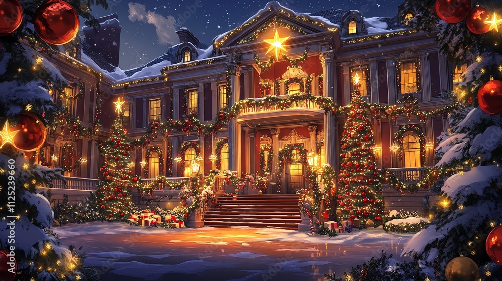 grand mansion decorated for Christmas with lights and garlands grand mansion decorated for Christmas with lights and garlands