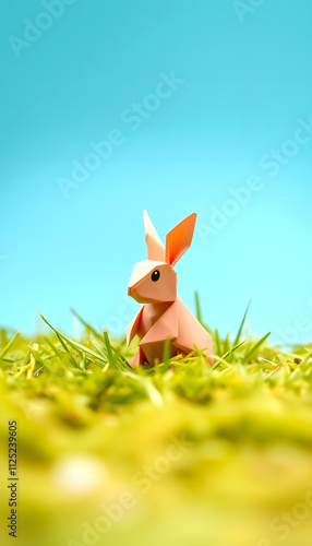 Little rabbit sitting in the grass, origami, with white tones
