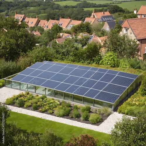 a house with a solar panel on the roof and a house with a house in the background, solar shade, solar panel, green energy