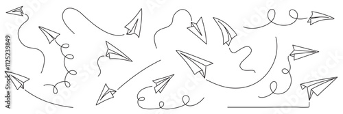 Hand drawing paper airplanes set. Vector stock illustration isolated on white background for design template business or education presentation, information banner. Editable stroke line.