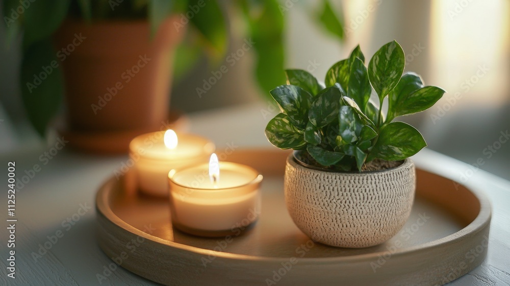 Tranquil candlelit scene with miniature plant on decorative tray indoor space still life soft lighting serenity Tranquil candlelit scene with miniature plant on decorative tray indoor space still life soft lighting serenity
