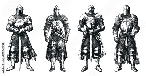Medieval Knight Set Ink Style Vector Illustrations Unique Artwork Creative Design Decorative Elements Artistic Visuals Modern Graphics Distinctive Art Style Armor Collection