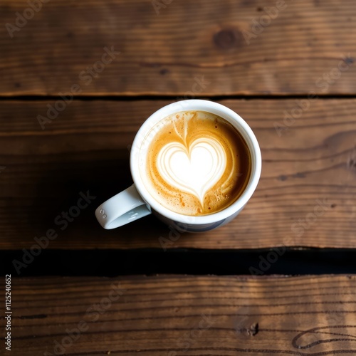 Close up hot cappuccino white coffee cup with heart shape latte art on dark brown old wood table at cafefood and drink concept banner mockup advertising blank business display template photo