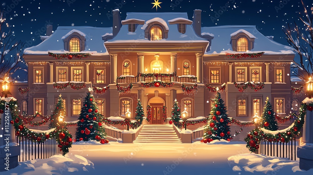 grand mansion decorated for Christmas with lights and garlands grand mansion decorated for Christmas with lights and garlands