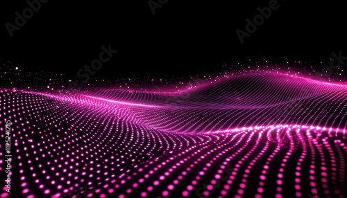Vibrant pink dots create a wave-like pattern against a dark background, evoking a sense of digital movement and depth.