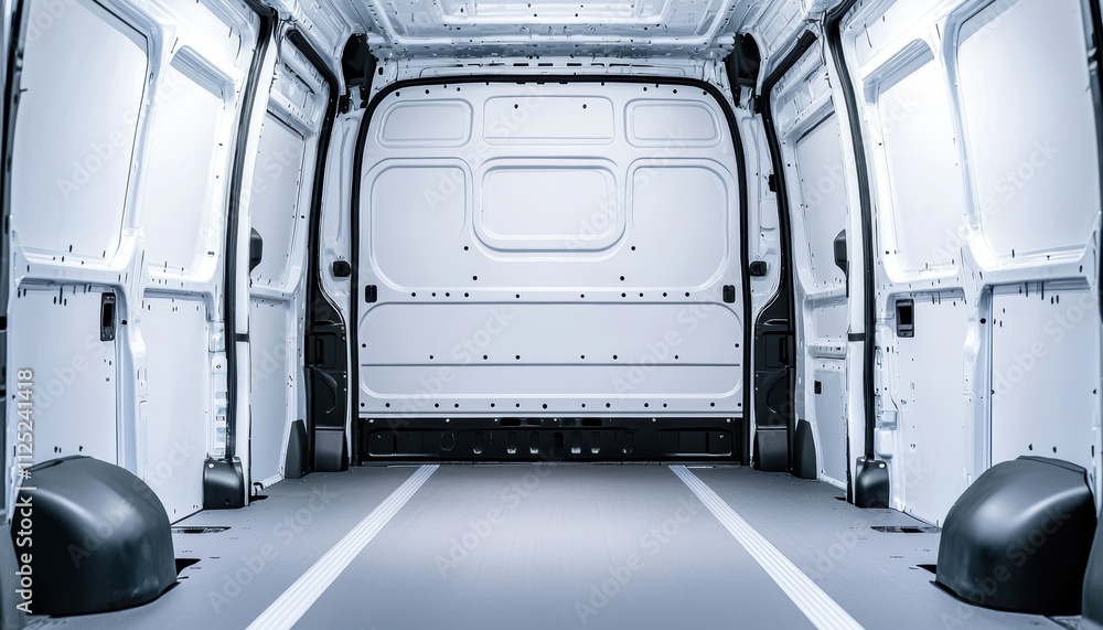 A spacious, empty van interior featuring a clean, white design, ideal for transporting goods or equipment. A spacious, empty van interior featuring a clean, white design, ideal for transporting goods or equipment.