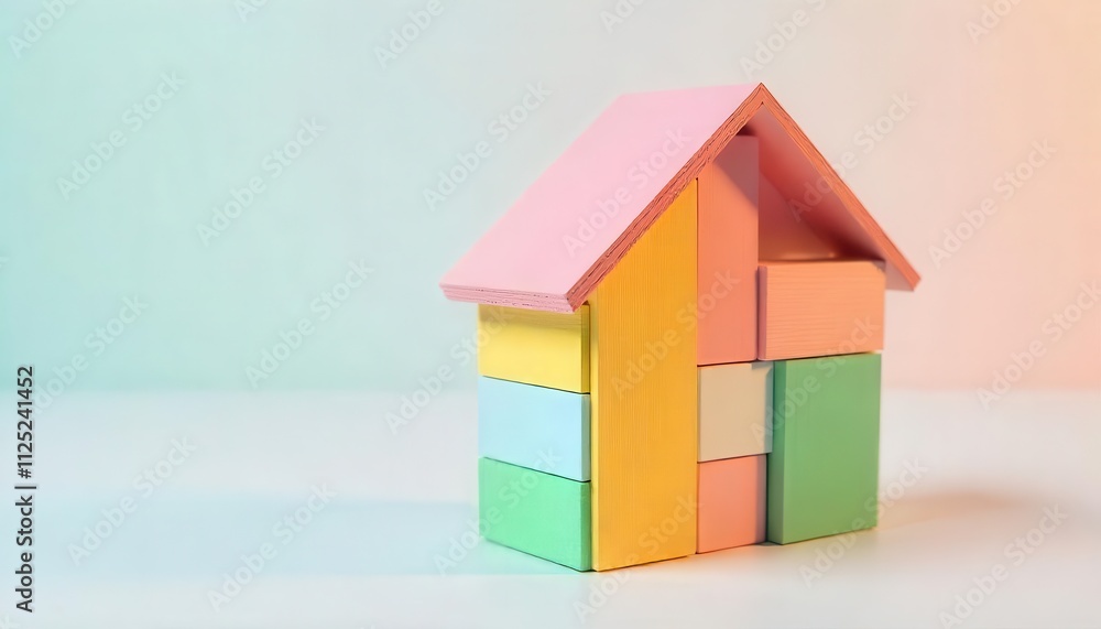 Creative building block house model indoor studio photography minimalist close-up artistic concept Creative building block house model indoor studio photography minimalist close-up artistic concept