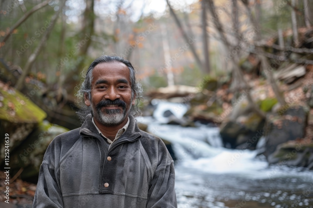 Portrait of a glad indian man in his 40s wearing a thermal fleece pullover while standing against tranquil forest stream Portrait of a glad indian man in his 40s wearing a thermal fleece pullover while standing against tranquil forest stream