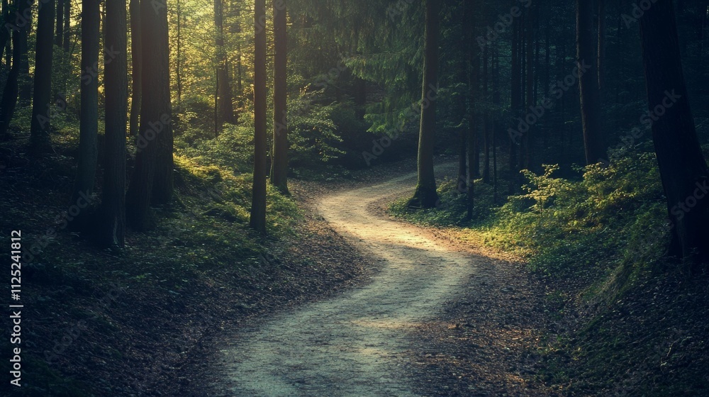 Obraz premium Forest path curves through sun-dappled trees.