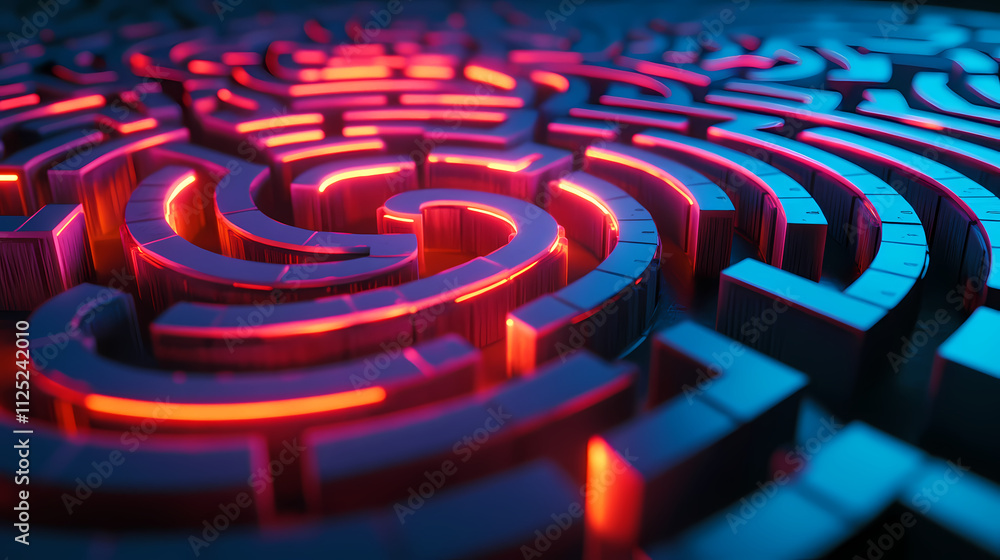 Neon-lit labyrinth constructed of data pathways, reflecting complexity in navigating data landscapes. data mining visualization. Labyrinth. Illustration