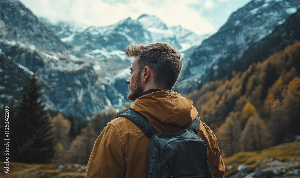 Man with backpack admires mountainous landscape. Man with backpack admires mountainous landscape.