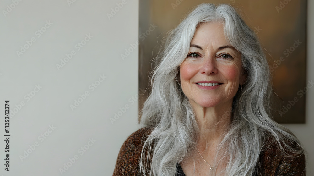 Woman in her sixties with grey hair wearing a blouse smiling and looking in the camera Woman in her sixties with grey hair wearing a blouse smiling and looking in the camera