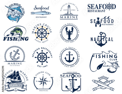 set of logos and labels for seafood restaurant sport fishing and fish market navigation