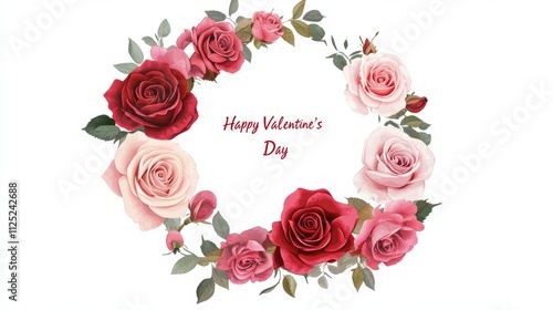 Circular design. Write "Happy Valentine's Day" in the middle, with pink and red roses and heart-shaped designs on a white background