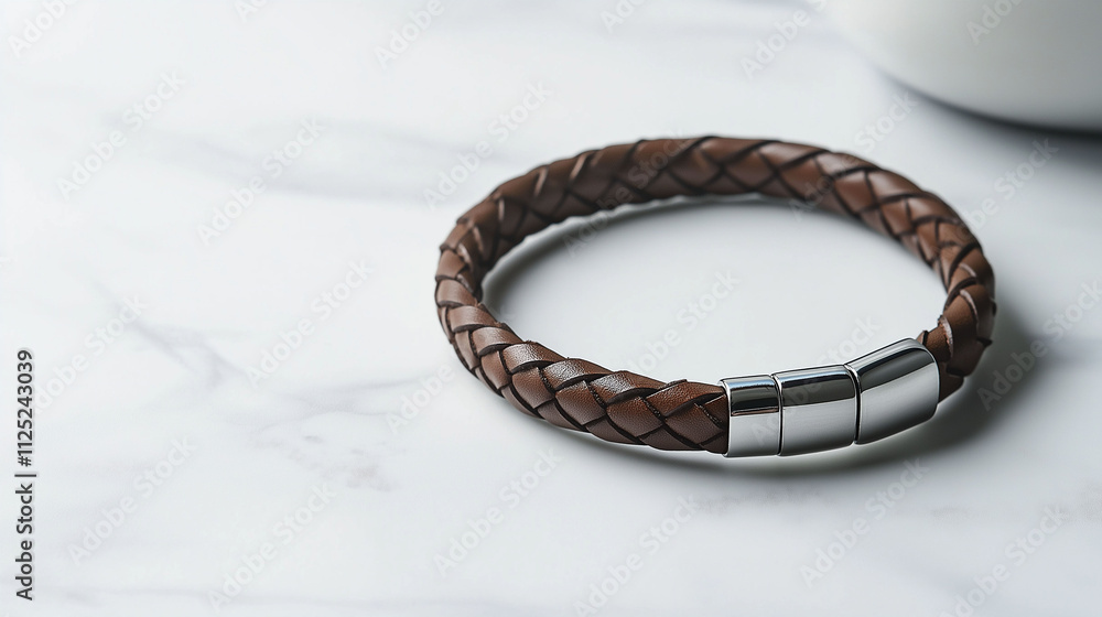 Brown braided leather bracelet with metal clasp displayed on a marble surface in bright lighting Brown braided leather bracelet with metal clasp displayed on a marble surface in bright lighting