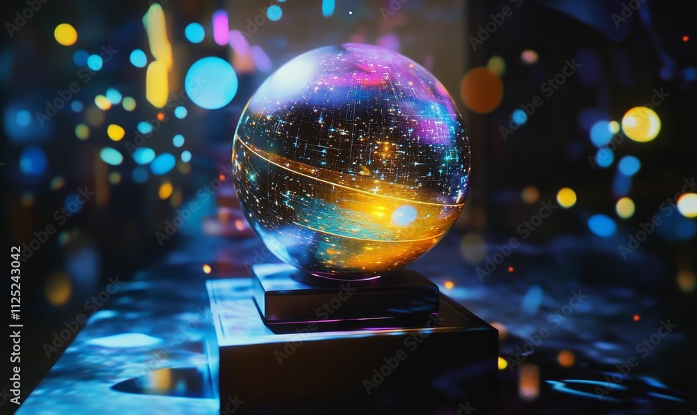 Illuminated sphere displays cosmic pattern; dark base. Illuminated sphere displays cosmic pattern; dark base.