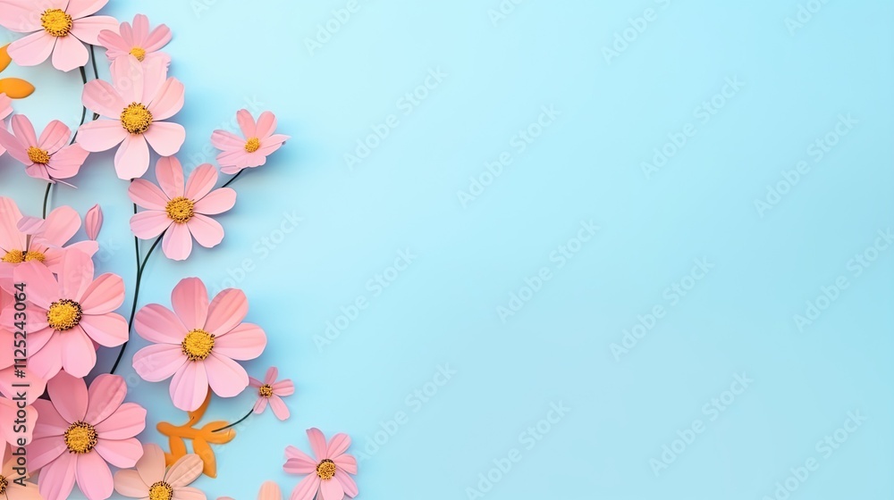 Naklejka premium A retro floral illustration featuring pink daisies on a pastel blue background, perfect for International Women’s Day designs, showcasing femininity, charm, and vintage elegance.