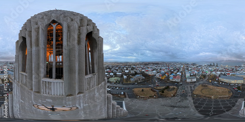 Aerial 360 photo NW view of Reykjavik Iceland from Hallgrimskirkja cathedral clock tower 2024 photo