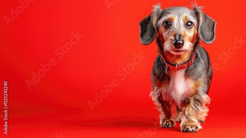A longhaired dachshund dog stands against a red background.