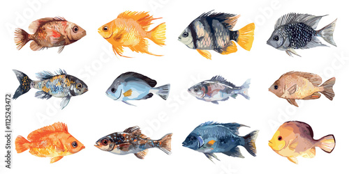 Oceanic Fish Set Modern Watercolor Technique Illustration On White Unique Artwork Creative Design Decorative Elements Artistic Visuals Modern Graphics Distinctive Style Marine Life