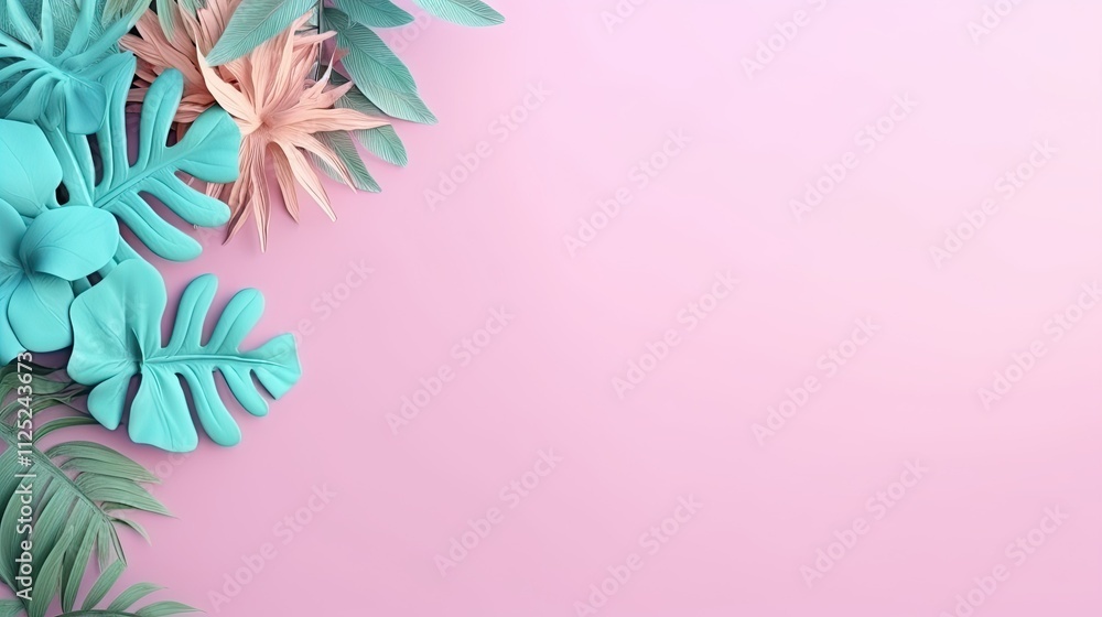 A retroinspired exotic botanical background with vibrant turquoise and pastel pink tropical leaves, featuring bold colors, vintage charm, and playful aesthetics
A retroinspired exotic botanical background with vibrant turquoise and pastel pink tropical leaves, featuring bold colors, vintage charm, and playful aesthetics