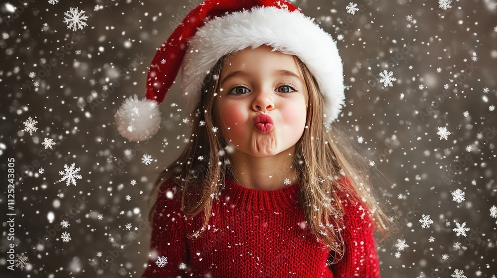 A girl in a red knitted pullover and Santa hat, blowing a kiss surrounded by floating snowflakes indoors A girl in a red knitted pullover and Santa hat, blowing a kiss surrounded by floating snowflakes indoors